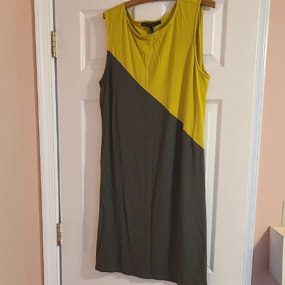 White House Black Market Asymmetrical Olive and Mustard Dress